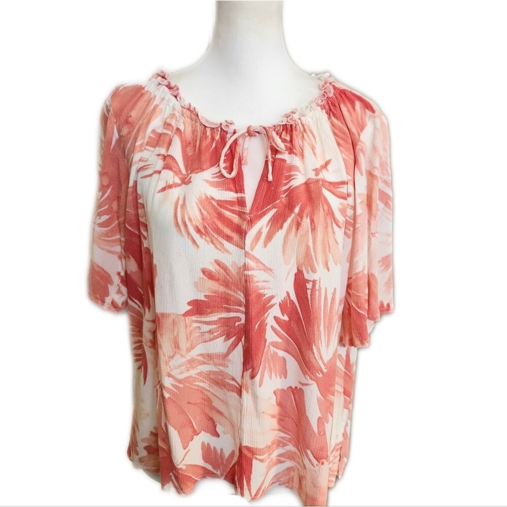Z Supply Short Sleeve Tie Neck Lightweight Floral Blouse, M